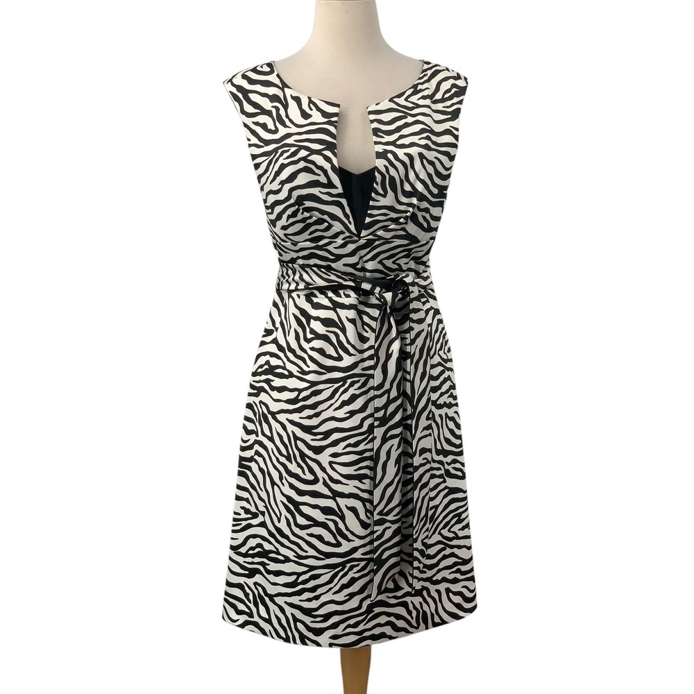 White House Black Market Sleeveless Sheath Dress Zebra Animal Print Tie Belt 8
